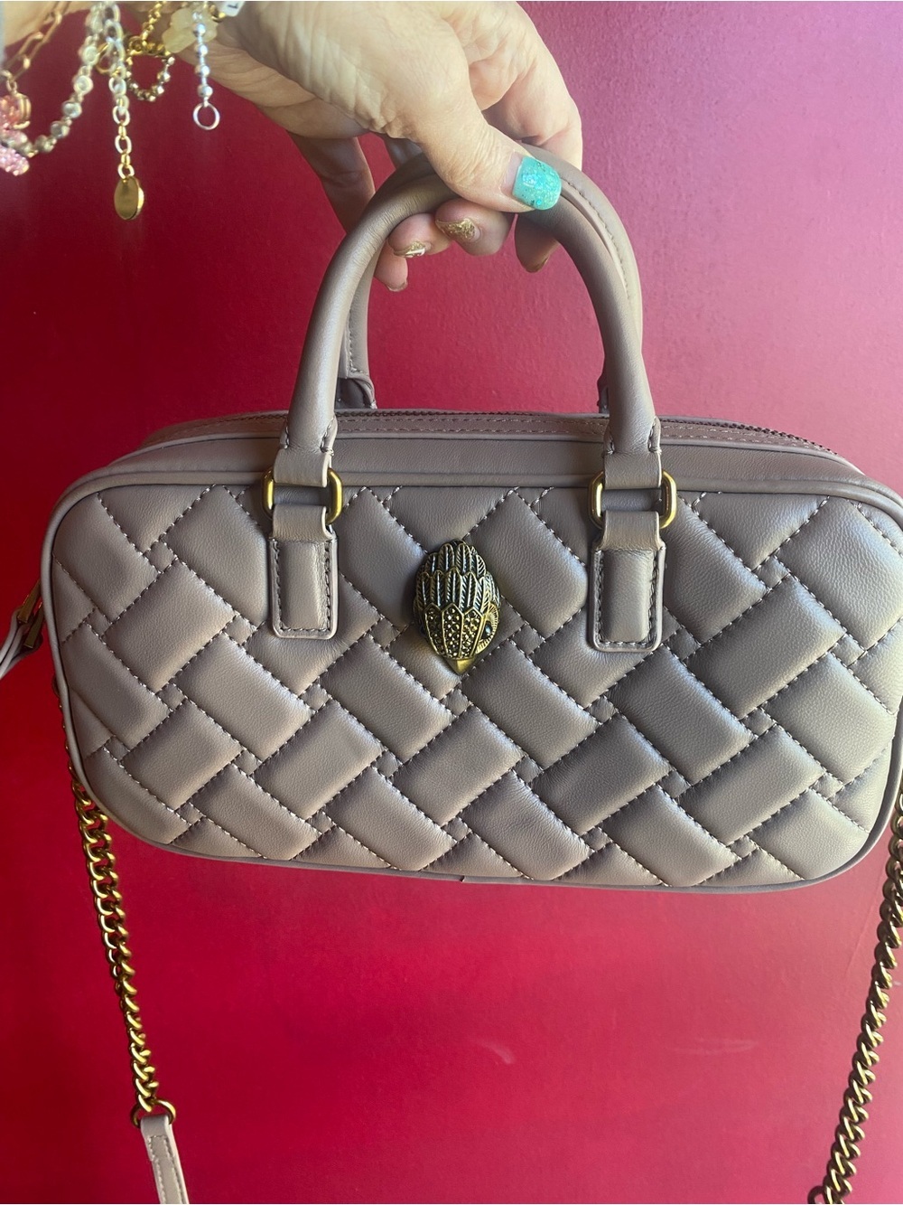 Kurt Geiger NWT Taupe Leather Small Duffle/Crossbody with Crystal Bronze Eagle - Picture 4 of 12